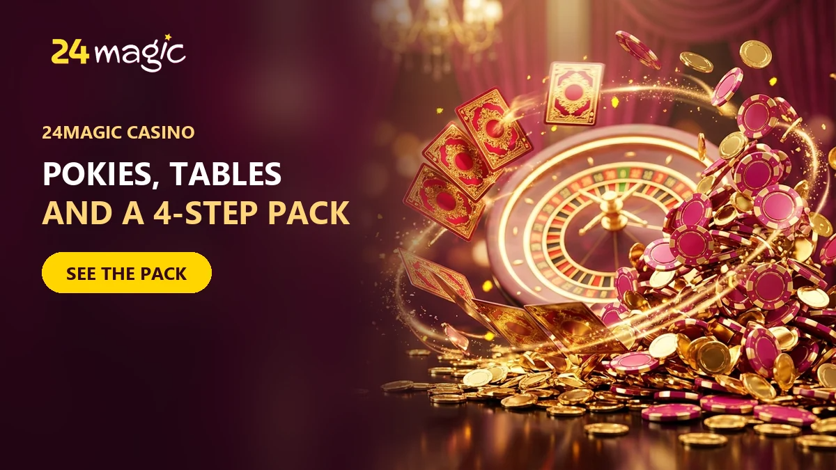 roulette wheel with casino chips and cards for the 24magic casino lobby and welcome pack