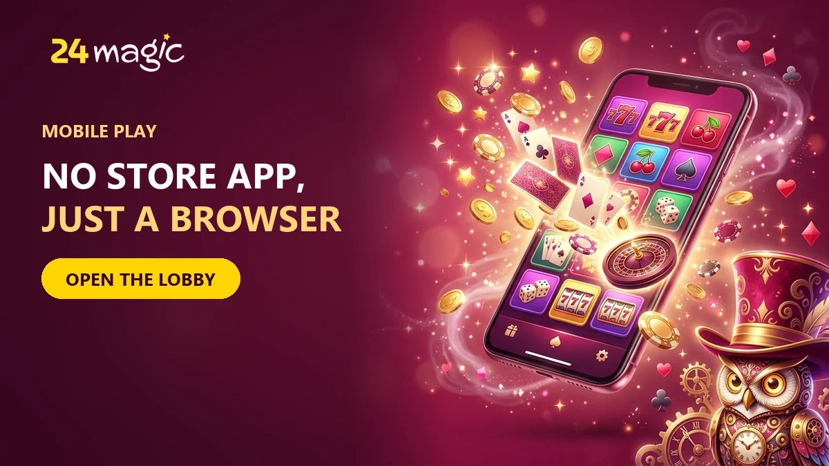 smartphone with a casino lobby and golden coins for 24magic mobile play in the browser